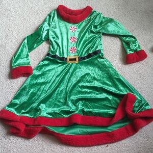 H&M Green Velvet Elf Dress with Red Trim